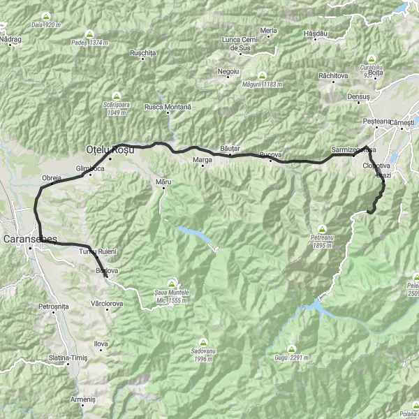 Map miniature of "Borlova Road Challenge" cycling inspiration in Vest, Romania. Generated by Tarmacs.app cycling route planner