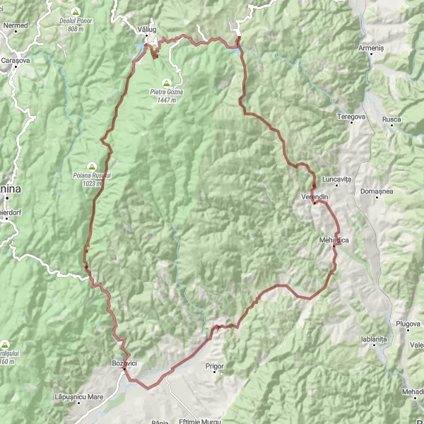 Map miniature of "Venture into the Heart of Gărâna" cycling inspiration in Vest, Romania. Generated by Tarmacs.app cycling route planner