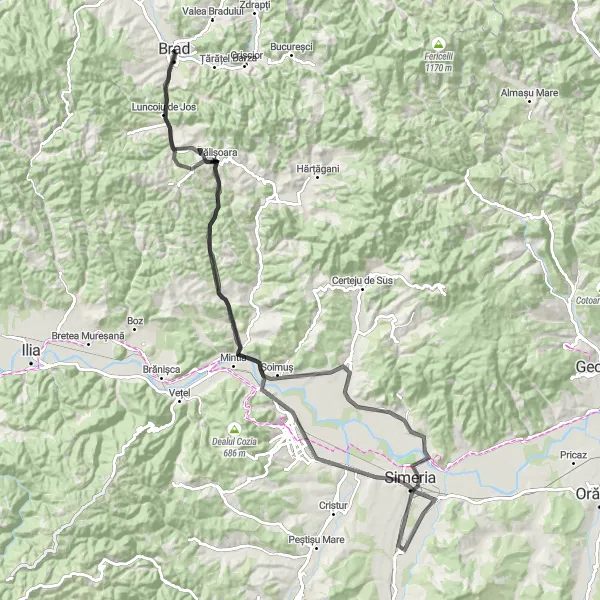 Map miniature of "Transylvanian Hillside" cycling inspiration in Vest, Romania. Generated by Tarmacs.app cycling route planner