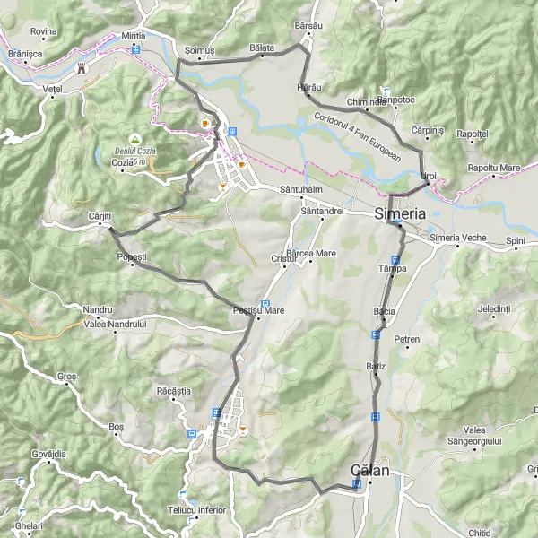 Map miniature of "Călanu Mic Loop" cycling inspiration in Vest, Romania. Generated by Tarmacs.app cycling route planner