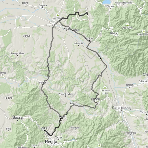 Map miniature of "The Scenic Countryside" cycling inspiration in Vest, Romania. Generated by Tarmacs.app cycling route planner