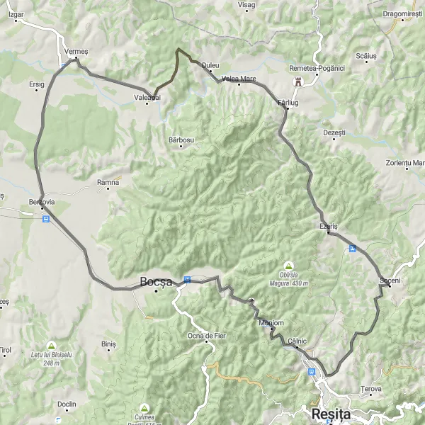 Map miniature of "The Tranquil Ride to Tâlva Mare II" cycling inspiration in Vest, Romania. Generated by Tarmacs.app cycling route planner