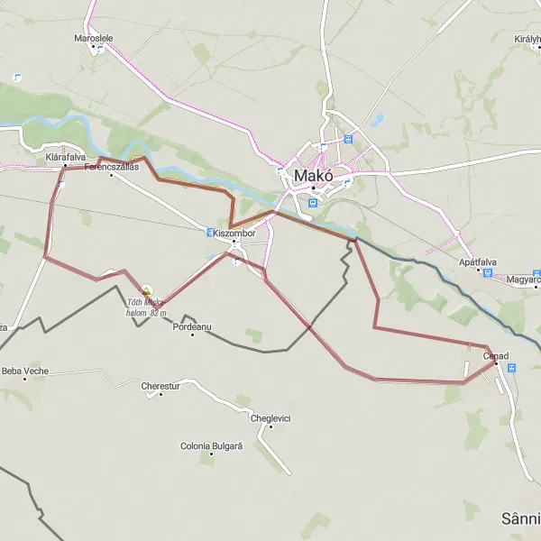 Map miniature of "Cenad - Rotunda - Tóth Miska-halom - Klárafalva - Kiszombor - Makói lombkorona-sétány" cycling inspiration in Vest, Romania. Generated by Tarmacs.app cycling route planner