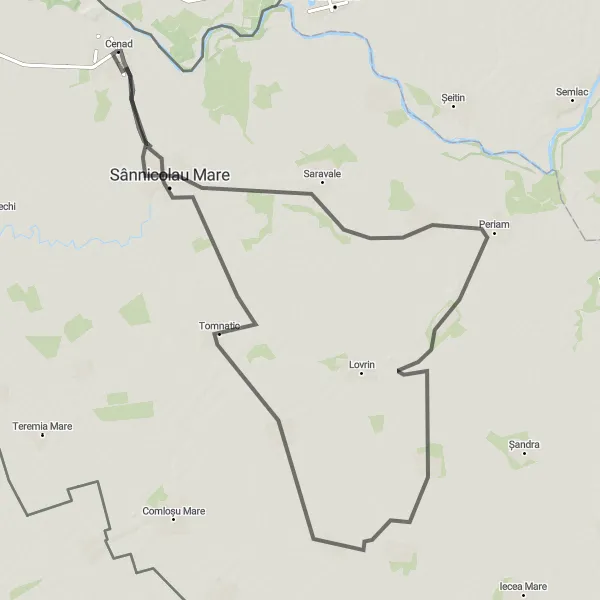 Map miniature of "Via Sannicolau Mare to Periam and Gottlob" cycling inspiration in Vest, Romania. Generated by Tarmacs.app cycling route planner