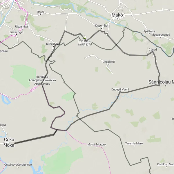 Map miniature of "Cenad - Dudeștii Vechi - Banatsko Arandjelovo - Kübekháza - Tóth Miska-halom" cycling inspiration in Vest, Romania. Generated by Tarmacs.app cycling route planner