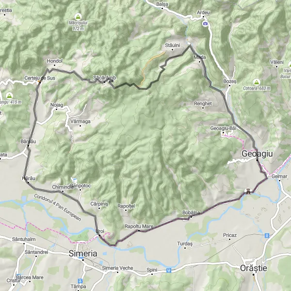 Map miniature of "The Geoagiu Adventure" cycling inspiration in Vest, Romania. Generated by Tarmacs.app cycling route planner