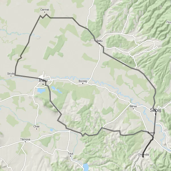 Map miniature of "Cuința Tour" cycling inspiration in Vest, Romania. Generated by Tarmacs.app cycling route planner