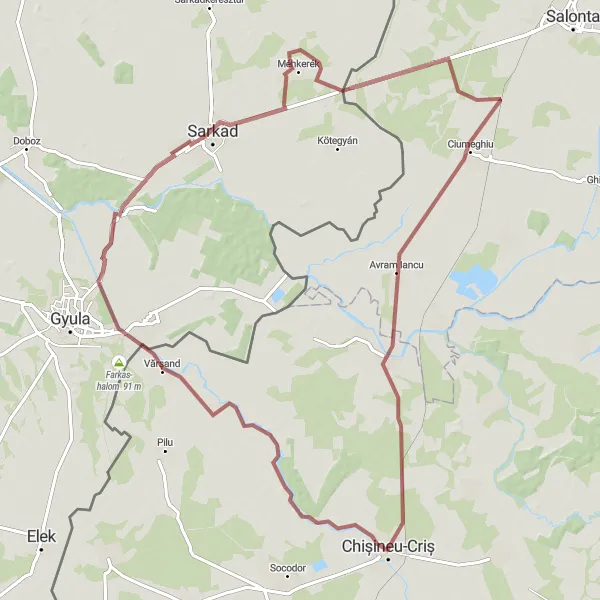 Map miniature of "Cris-Vărșand-Méhkerék-Ciumeghiu Ringed Gravel Route" cycling inspiration in Vest, Romania. Generated by Tarmacs.app cycling route planner