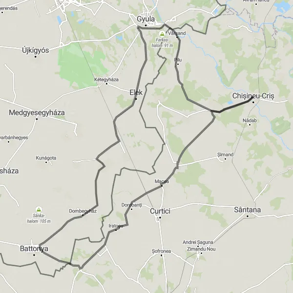 Map miniature of "Cris-Socodor-Attila-Peciu-Ringed Route" cycling inspiration in Vest, Romania. Generated by Tarmacs.app cycling route planner