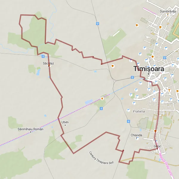 Map miniature of "Utvin Gravel Adventure" cycling inspiration in Vest, Romania. Generated by Tarmacs.app cycling route planner