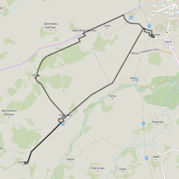 Map miniature of "Giulvăz Trail" cycling inspiration in Vest, Romania. Generated by Tarmacs.app cycling route planner