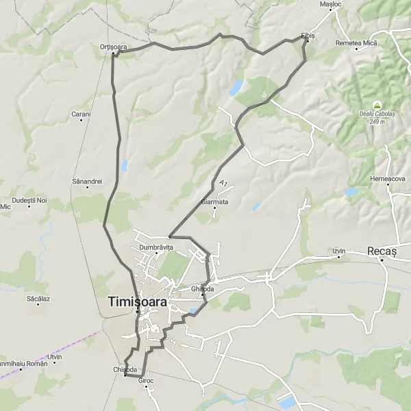 Map miniature of "Orțișoara Challenge" cycling inspiration in Vest, Romania. Generated by Tarmacs.app cycling route planner