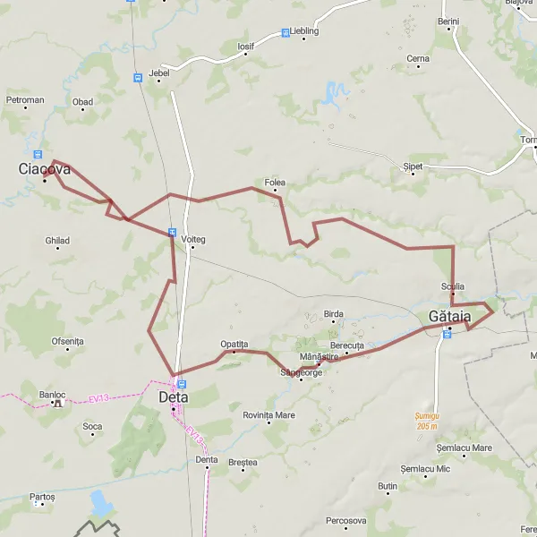 Map miniature of "Folea Gravel Adventure" cycling inspiration in Vest, Romania. Generated by Tarmacs.app cycling route planner