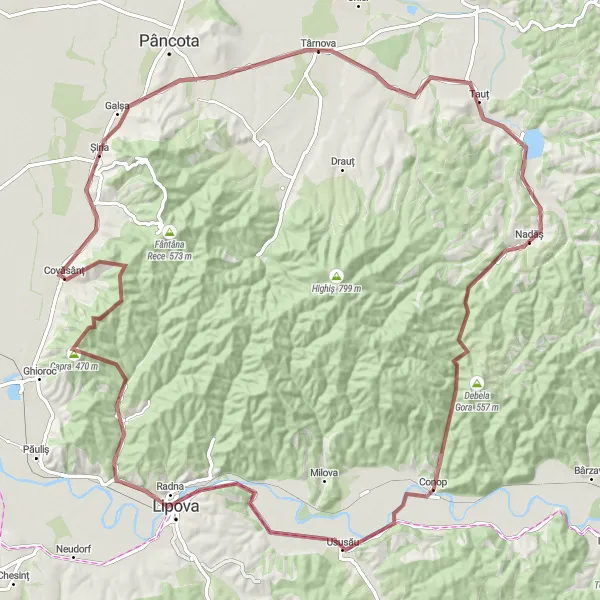 Map miniature of "Lipova - Capra - Mâsca Route" cycling inspiration in Vest, Romania. Generated by Tarmacs.app cycling route planner