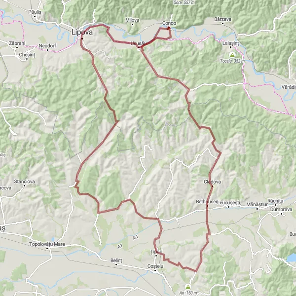 Map miniature of "The Hidden Gems of Cliciova" cycling inspiration in Vest, Romania. Generated by Tarmacs.app cycling route planner