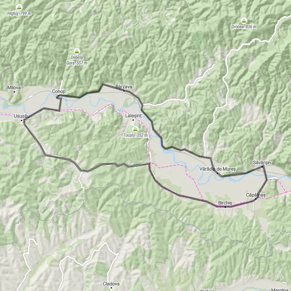 Map miniature of "Bârzava - Nicolae Bălcescu - Valea Mare - Bacău de Mijloc - Bata - Zăbalț - Conop Route" cycling inspiration in Vest, Romania. Generated by Tarmacs.app cycling route planner