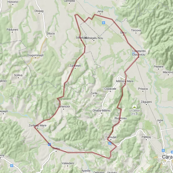 Map miniature of "Gravel Cycling Adventure in Vest, Romania - Mâtnicu Mare, Jena and Sacu" cycling inspiration in Vest, Romania. Generated by Tarmacs.app cycling route planner