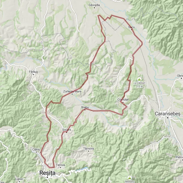 Map miniature of "Ezeriș Gravel Challenge" cycling inspiration in Vest, Romania. Generated by Tarmacs.app cycling route planner