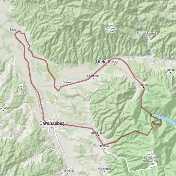 Map miniature of "Gravel Adventure in Vest, Romania - Oțelu Roșu, Măru and Caransebeș" cycling inspiration in Vest, Romania. Generated by Tarmacs.app cycling route planner