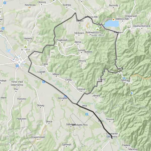 Map miniature of "Cycle through Vest, Romania - Sacu, Surducu Mic and Crivina" cycling inspiration in Vest, Romania. Generated by Tarmacs.app cycling route planner