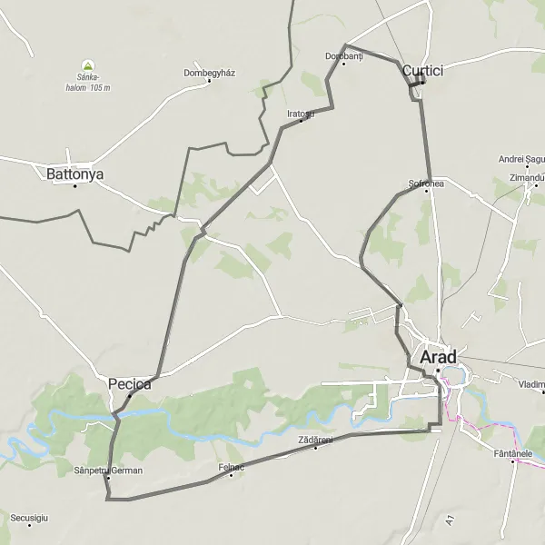 Map miniature of "Curtici to Arad Road Route" cycling inspiration in Vest, Romania. Generated by Tarmacs.app cycling route planner