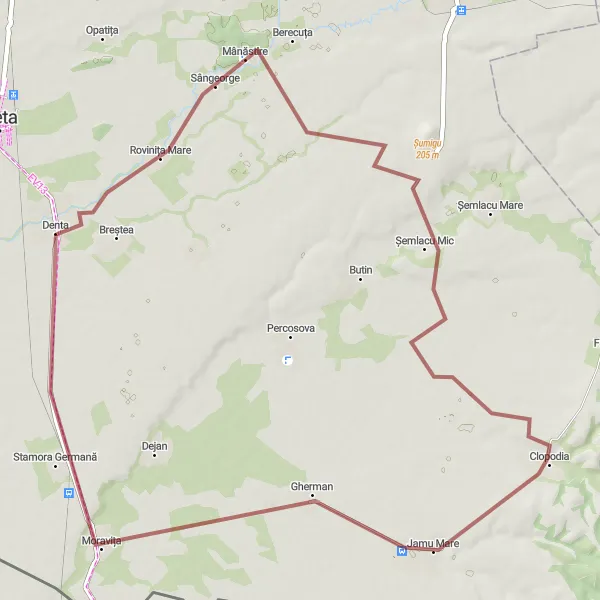 Map miniature of "Șemlacu Mic and Jamu Mare Loop" cycling inspiration in Vest, Romania. Generated by Tarmacs.app cycling route planner