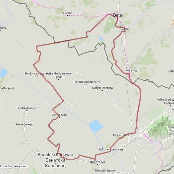 Map miniature of "Vršac and Nikolinci Loop" cycling inspiration in Vest, Romania. Generated by Tarmacs.app cycling route planner