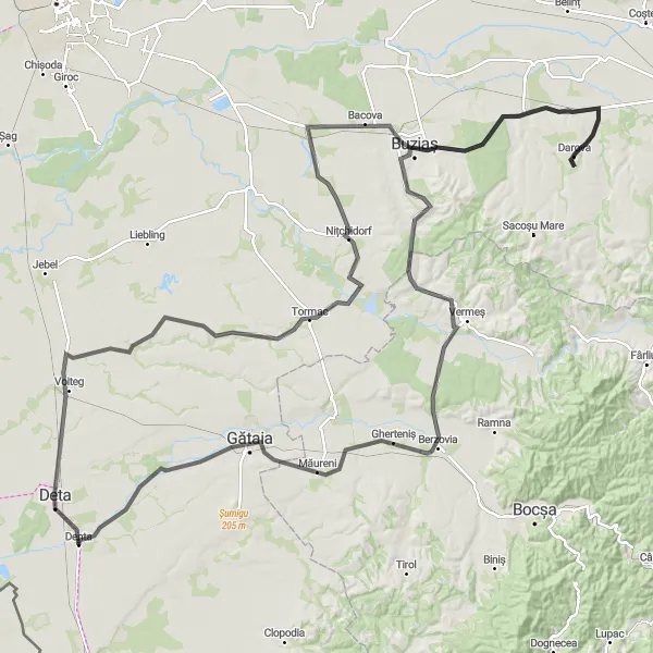Map miniature of "Bacova and Silagiu Adventure" cycling inspiration in Vest, Romania. Generated by Tarmacs.app cycling route planner