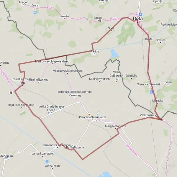 Map miniature of "Scenic Gravel Route" cycling inspiration in Vest, Romania. Generated by Tarmacs.app cycling route planner