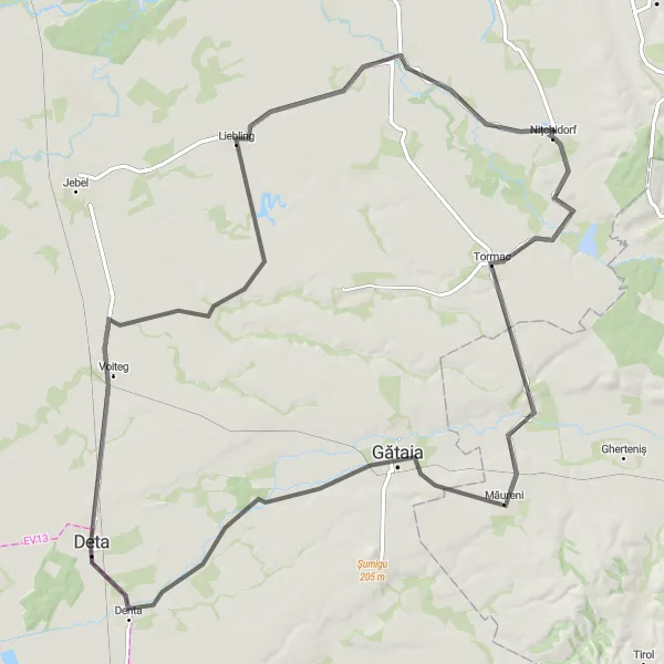 Map miniature of "The Mânăstire Challenge" cycling inspiration in Vest, Romania. Generated by Tarmacs.app cycling route planner