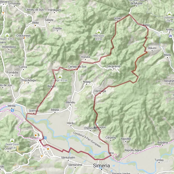 Map miniature of "Deva Lungu Măgura-Toplița Buhii Balșa Vărmaga Simeria" cycling inspiration in Vest, Romania. Generated by Tarmacs.app cycling route planner