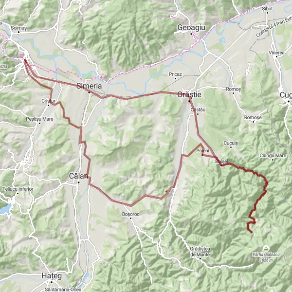 Map miniature of "Gravel Adventure Around Deva" cycling inspiration in Vest, Romania. Generated by Tarmacs.app cycling route planner