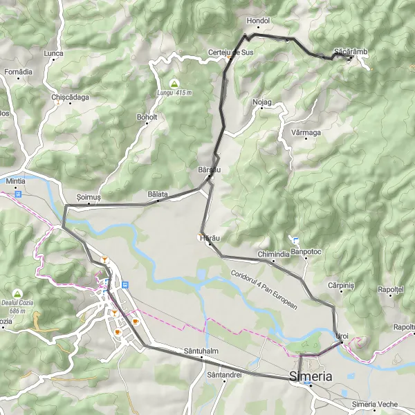 Map miniature of "Deva and Surroundings" cycling inspiration in Vest, Romania. Generated by Tarmacs.app cycling route planner