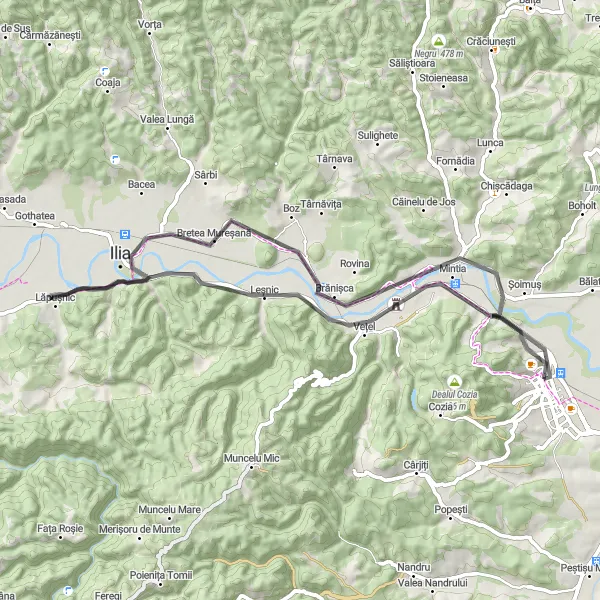 Map miniature of "Road Cycling Adventure near Deva" cycling inspiration in Vest, Romania. Generated by Tarmacs.app cycling route planner