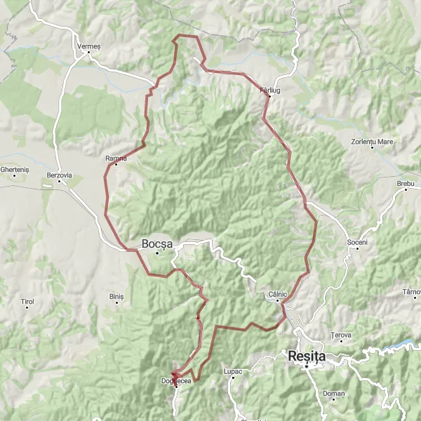 Map miniature of "Dognecea Gravel Adventure" cycling inspiration in Vest, Romania. Generated by Tarmacs.app cycling route planner