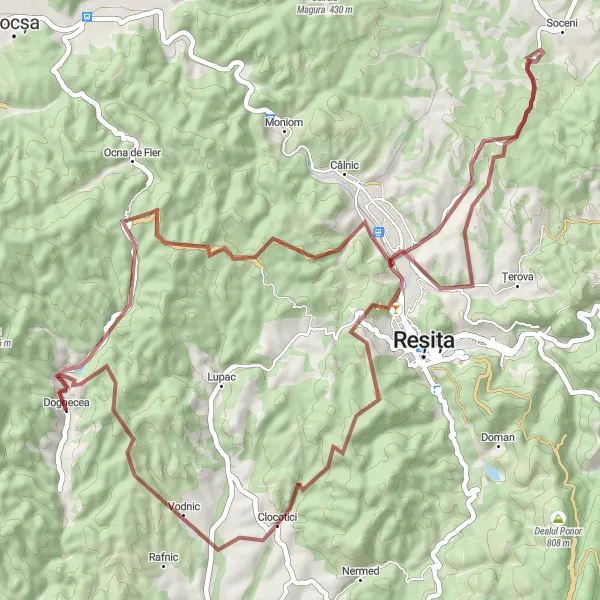 Map miniature of "Scenic Gravel Circuit via Govândari" cycling inspiration in Vest, Romania. Generated by Tarmacs.app cycling route planner