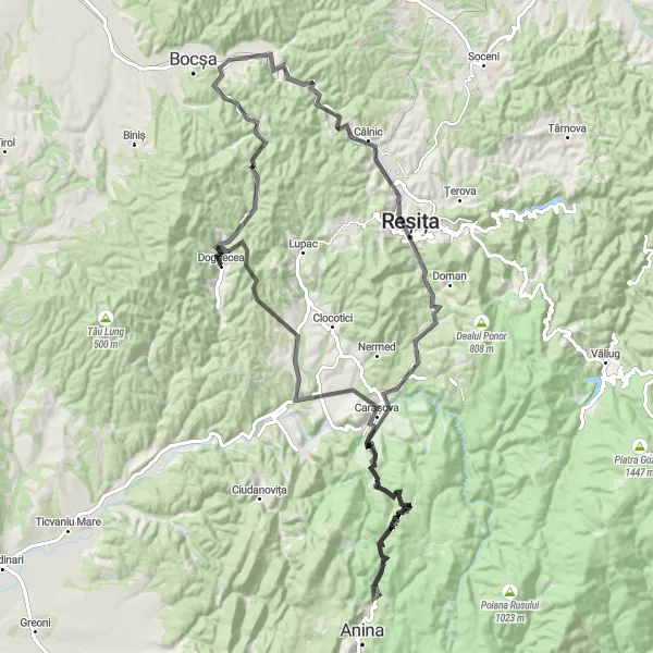 Map miniature of "The Iron Mine Loop" cycling inspiration in Vest, Romania. Generated by Tarmacs.app cycling route planner