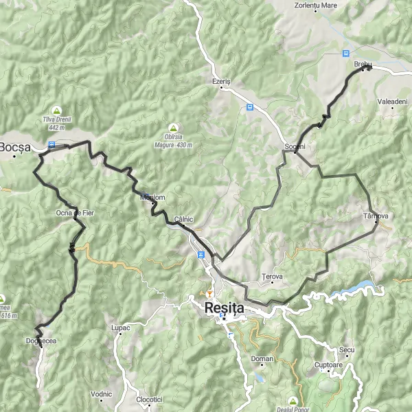 Map miniature of "The Heritage Trail" cycling inspiration in Vest, Romania. Generated by Tarmacs.app cycling route planner