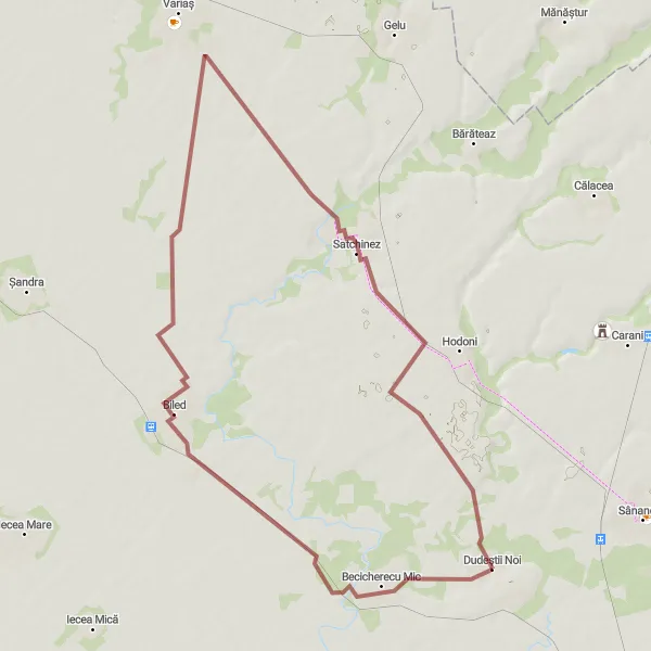 Map miniature of "Gravel Adventure through Satchinez, Biled, and Becicherecu Mic" cycling inspiration in Vest, Romania. Generated by Tarmacs.app cycling route planner