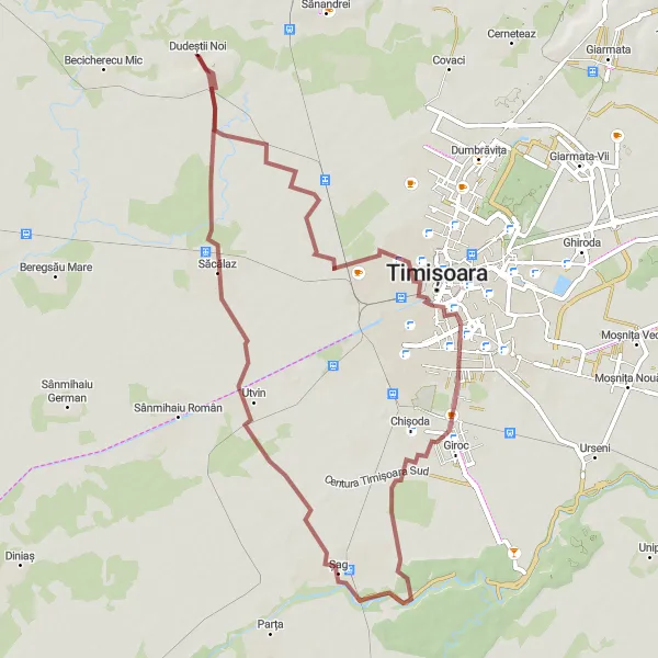 Map miniature of "Off-Road Adventure through Ronaț, Elisabetin, and Dudeștii Noi" cycling inspiration in Vest, Romania. Generated by Tarmacs.app cycling route planner