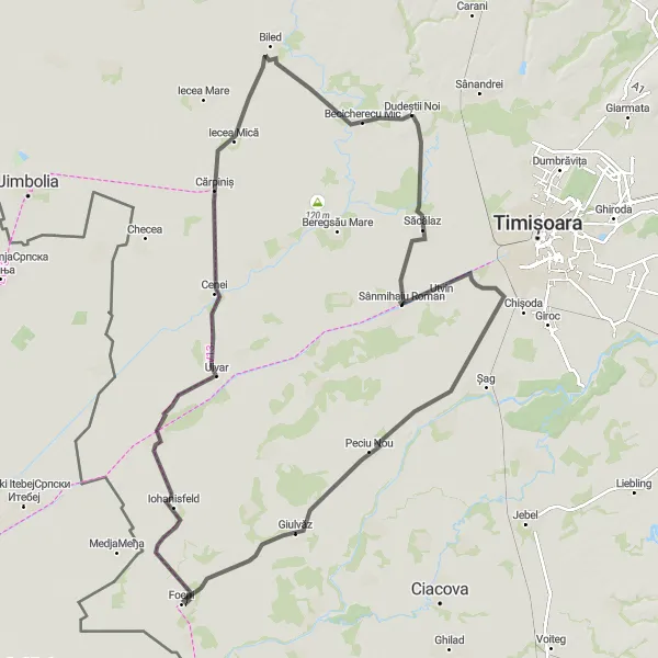 Map miniature of "Circular route through Sânmihaiu Român, Freidorf, Peciu Nou, Giulvăz, Cărpiniș, and Becicherecu Mic" cycling inspiration in Vest, Romania. Generated by Tarmacs.app cycling route planner