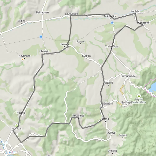 Map miniature of "Dumbrava - Sărăzani - Pogănești - An - Leucușești" cycling inspiration in Vest, Romania. Generated by Tarmacs.app cycling route planner