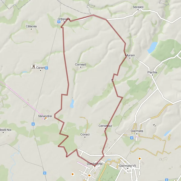 Map miniature of "Dumbrăvița - Orțișoara - Cerneteaz Gravel Route" cycling inspiration in Vest, Romania. Generated by Tarmacs.app cycling route planner