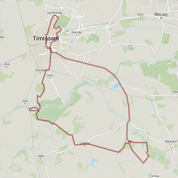 Map miniature of "Timișoara - Albina - Telegrafului Gravel Route" cycling inspiration in Vest, Romania. Generated by Tarmacs.app cycling route planner