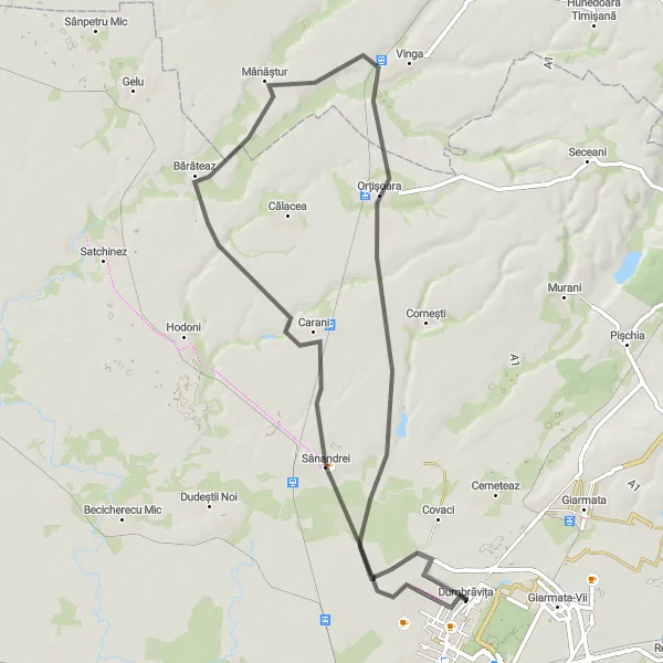 Map miniature of "Exploring Sânandrei and Orțișoara Road Cycling Route" cycling inspiration in Vest, Romania. Generated by Tarmacs.app cycling route planner