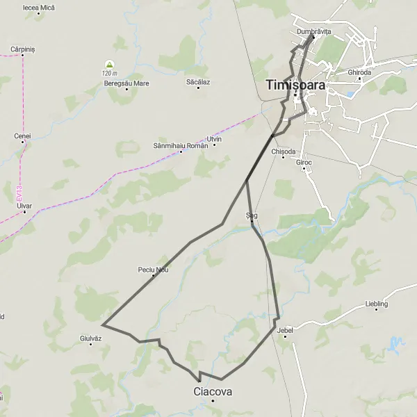 Map miniature of "Timișoara to Iosefin Road Cycling Route" cycling inspiration in Vest, Romania. Generated by Tarmacs.app cycling route planner