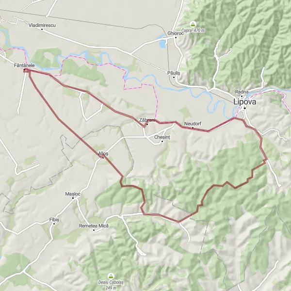 Map miniature of "Frumușeni and Fântânele Gravel Adventure" cycling inspiration in Vest, Romania. Generated by Tarmacs.app cycling route planner