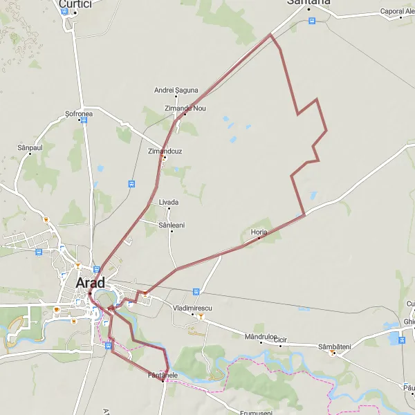 Map miniature of "Arad Gravel Adventure" cycling inspiration in Vest, Romania. Generated by Tarmacs.app cycling route planner