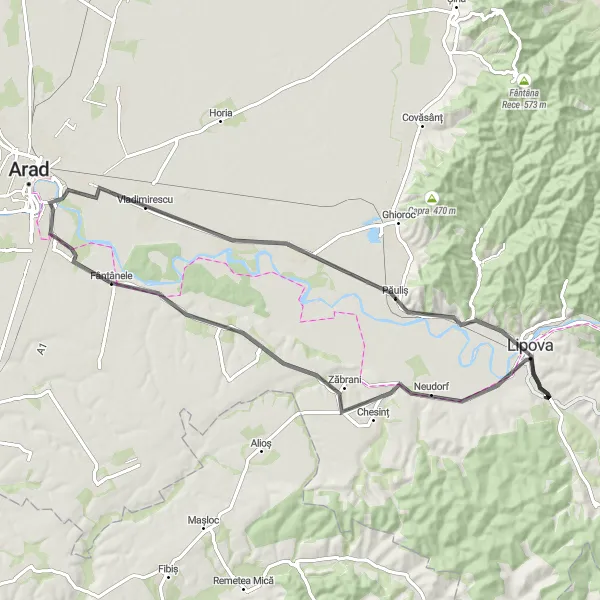 Map miniature of "Lipova Road Adventure" cycling inspiration in Vest, Romania. Generated by Tarmacs.app cycling route planner