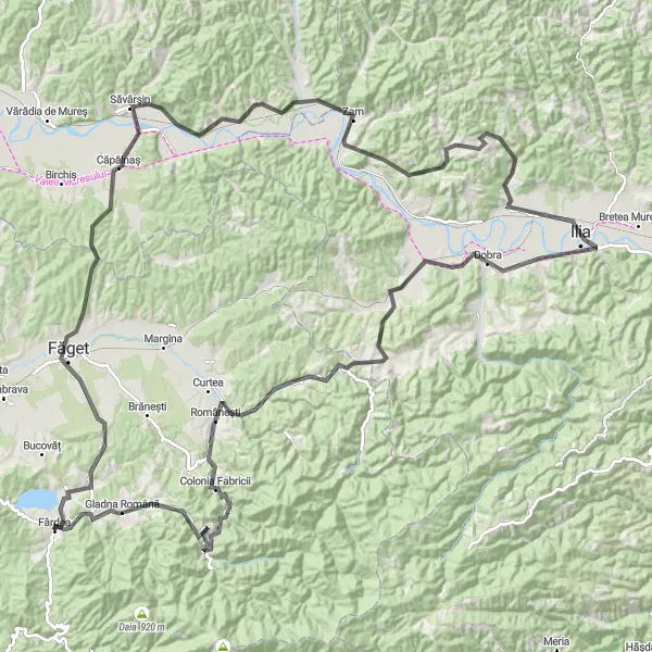 Map miniature of "The Transylvania Challenge " cycling inspiration in Vest, Romania. Generated by Tarmacs.app cycling route planner